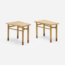 Edward Wormley, Occasional tables model 5215, pair, c. 1957, travertine, mahogany, leather