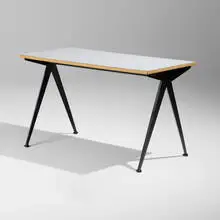 Compas desk by Jean Prouvé, 1953, laminate over oak, enameled steel, sold May 2026