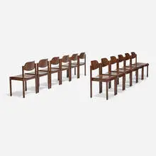 Dining chairs, set of twelve by Vico Magistretti, c. 1970, beech, plywood, sold May 2026