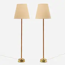 Lisa Johansson-Pape, Senator floor lamps, pair, c. 1955, brass, linen shades, leather, acrylic, silk