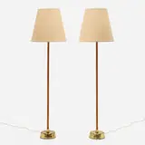 Lisa Johansson-Pape, Senator floor lamps, pair, c. 1955, brass, linen shades, leather, acrylic, silk