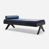Daybed from Chandigarh by Pierre Jeanneret, c. 1957-58, teak, linen upholstery, sold Apr 2026