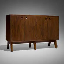 Cabinet from Administration Buildings, Chandigarh by Pierre Jeanneret, c. 1957-58, teak, aluminum, sold Apr 2026