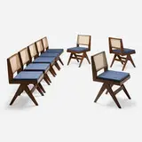 Dining chairs from Punjab University Student Residence, Chandigarh, set of eight by Pierre Jeanneret, c. 1958-59, teak, cane, linen upholstery, sold Apr 2026