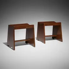 Sewing stools from Chandigarh, pair by Pierre Jeanneret, c. 1955-56, teak, sold Apr 2026