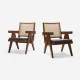 Lounge chairs from Punjab Engineering College, Chandigarh, pair by Pierre Jeanneret, c. 1955, teak, cane, linen upholstery, sold Apr 2026