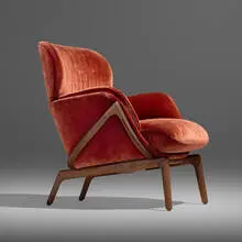 Luca Nichetto, Elysia lounge chair, c. 2020, velour upholstery, Danish oiled walnut