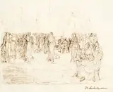 Max Liebermann, Tanzgesellschaft. (Vor) 1922, Feder in Braun und Bleistift auf dünnem Bütten (Wasserzeichen: Residenzpost)