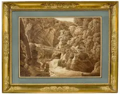Peter Birmann, Ansicht des Orrido di Bellano am Comer See. Nach 1805, Pinsel in Braun und Feder in Schwarz auf Papier, auf leichten Karton aufgezogen