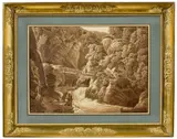 Peter Birmann, Ansicht des Orrido di Bellano am Comer See. Nach 1805, Pinsel in Braun und Feder in Schwarz auf Papier, auf leichten Karton aufgezogen