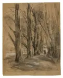 Max Liebermann, Die Loretto-Allee in Rosenheim, 1893, Schwarze Kreide, teils gewischt und weiß gehöht, auf braunem Papier, auf graugrünes Papier aufgezogen