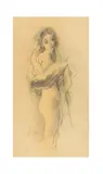 Karl Hofer, Stehendes Mädchen, sich abtrocknend, Um 1945, Bleistift, gewischt, auf gelblichem Papier