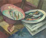 Anta Rupflin, Küchenstilleben mit Fischen, 1925, Öl auf Leinwand