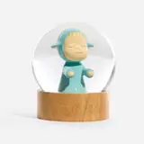 Little Wanderer Snow Globe (Blue) by Yoshitomo Nara, 2023, glass, wood, sold Oct 2025