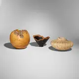 Collection of three vessels by Melvin Lindquist, Michael Peterson, and Richard Raffin, spalted elm burl, madrone, ziricote, sold Apr 2026