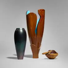 Giles Gilson, Collection of three vases, wanut, maple, padauk, satinwood, rosewood, acrylic, stainless steel