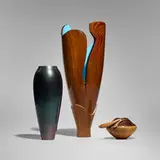 Giles Gilson, Collection of three vases, wanut, maple, padauk, satinwood, rosewood, acrylic, stainless steel