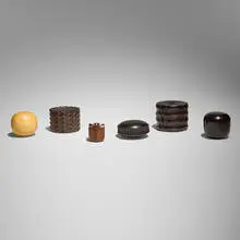 Dale Chase, Collection of six boxes, 1979-2005, boxwood, pink ivory wood, holywood, African blackwood