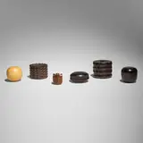 Dale Chase, Collection of six boxes, 1979-2005, boxwood, pink ivory wood, holywood, African blackwood