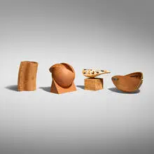 Collection of four works by Garry Knox Bennett, Douglas fir, cherry, maple burl, spalted maple, ebony, epoxy, twine, steel, brass, sold Apr 2026