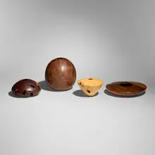 David Ellsworth, Collection of four vessels, 1979-81, box elder burl, manzanita burl, figured walnut, claro walnut burl