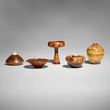 Galen Carpenter, Museum Miniatures, complete set of five, bubinga, oak burl, wenge, OSB wood, cedar, maple, padouk, black palm, pine cone, purpleheart, royal palm, black poison, palm root, antler