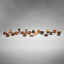 Galen Carpenter, Christmas Vessels, complete set of twenty, 1991-2009, bird's-eye maple, antler, black palm, bubinga, maple, blackwood, OSB wood, padouk, zebrawood, black poison wood, corn in epoxy resin, African oil palm, paela, ziricote, Australian lacewood, teak, Caribbean rosewood, pernambuco, turquoise