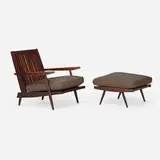 Cushion chair with arms and ottoman by George Nakashima, 1965, American black walnut, upholstered cushions, sold Apr 2026