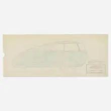 Buckminster Fuller, Dymaxion Sportster side view, 1934, pencil and colored pencil on tracing paper