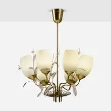 Paavo Tynell, Chandelier, model 9029/6, c. 1954, brass, milk glass