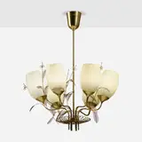 Paavo Tynell, Chandelier, model 9029/6, c. 1954, brass, milk glass