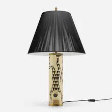 Arlecchini table lamp by Piero Fornasetti, c. 1955, lithographic transfer-printed steel, brass, polyester shade, sold Apr 2026