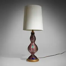 Dino Martens, Table lamp, c. 1957, reticello glass, gilt wood, linen shade, brass