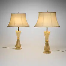 Table lamps, pair by Ercole Barovier, c. 1950, glass with gold inclusions, silk shades, brass, sold Apr 2026