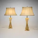 Ercole Barovier, Table lamps, pair, c. 1950, glass with gold inclusions, silk shades, brass