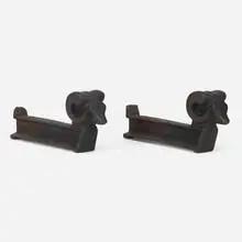 Olympic Log Master, Ram andirons, pair, c. 1935, cast iron