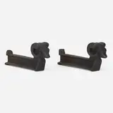 Olympic Log Master, Ram andirons, pair, c. 1935, cast iron