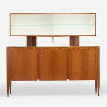 Gio Ponti, Cabinet with case, models 2160 and 2164, 1951, Italian walnut, lacquered wood, glass