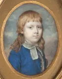 Charles Hayter, A portrait miniature of a young boy, wearing a blue coat and white bands., Watercolour on ivory, gilt-wood frame
