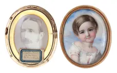 Annie Dixon, A portrait miniature of a young child, wearing a white dress., Watercolour on ivory, gilt-mounted within a rectangular velvet lined gilded frame
