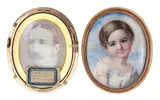 Annie Dixon, A portrait miniature of a young child, wearing a white dress., Watercolour on ivory, gilt-mounted within a rectangular velvet lined gilded frame