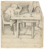 August Macke, Christa, Elisabeth, Bernhard am Tisch, 1908, Bleistift auf Bütten
