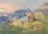 Lorenzo Quaglio, Sennerin und Jäger auf der Alm, 1832, Aquarell auf Papier