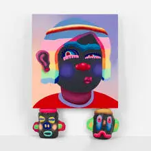 Super Future Kid, Prince of Dorkness, 2018, acrylic and airbrush on canvas on two heads of acrylic, airbrush, paper clay, plaster and polyurethane foam