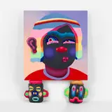 Super Future Kid, Prince of Dorkness, 2018, acrylic and airbrush on canvas on two heads of acrylic, airbrush, paper clay, plaster and polyurethane foam