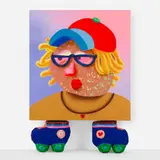 Super Future Kid, Rollin Murphy, 2018, acrylic and airbrush on canvas resting on two roller skates of acrylic, paper clay, plaster and polyurethane foam with airbrush