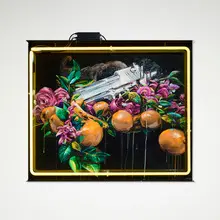 Patrick Martinez, Desert Eagle with Fruit and Flowers, 2014, acrylic, glitter and neon tube on plexiglass