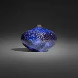 Round closed form by Gertrud and Otto Natzler, 1969, earthenware with 'Midnight Sky' Deep Blue Crystalline glaze, sold Jan 2026