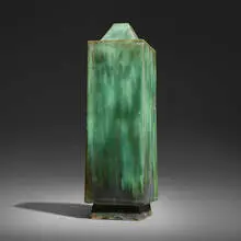 Square tall form with pyramidal top by Otto Natzler, 1977, earthenware with Green Nocturne Reduction Fired glaze with crystals, iridescence, and flame marks, sold Jan 2026