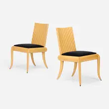 Chairs, pair by Wendell Castle, 1981, curly English sycamore, purpleheart, ebony inlay, Baltic birch plywood, curly English sycamore veneer, plastic inlay, sold Jan 2026